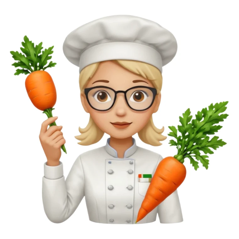 female italian chef, uniform, wearing glasses, holding carrot sticker