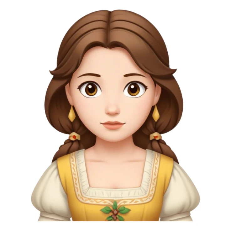 Cinematic Serene Belle Portrait Emoji, rendered in a simplified vector style. Depict a gentle Belle (chest and above) with fair, glowing skin, softly cascading brown hair, and a calm, inviting expression, dressed in her traditional village dress. The image exudes a soft, luminous glow and is outlined with a subtle, warm light. sticker