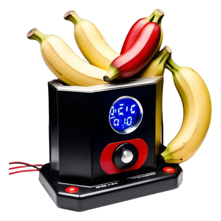 um explosivo improvisado composto por sete bananas de dinamite vermelhas presas por fita preta. O dispositivo inclui um temporizador digital de LED vermelho e uma placa de circuito com fios coloridos e um botão de ativação. Tudo está isolado sobre um fundo branco. sticker
