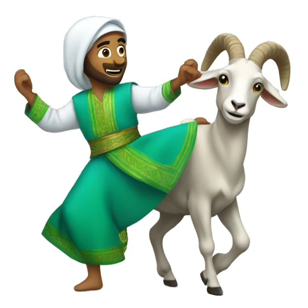 Arab wearing blue and green, dancing with a goat sticker