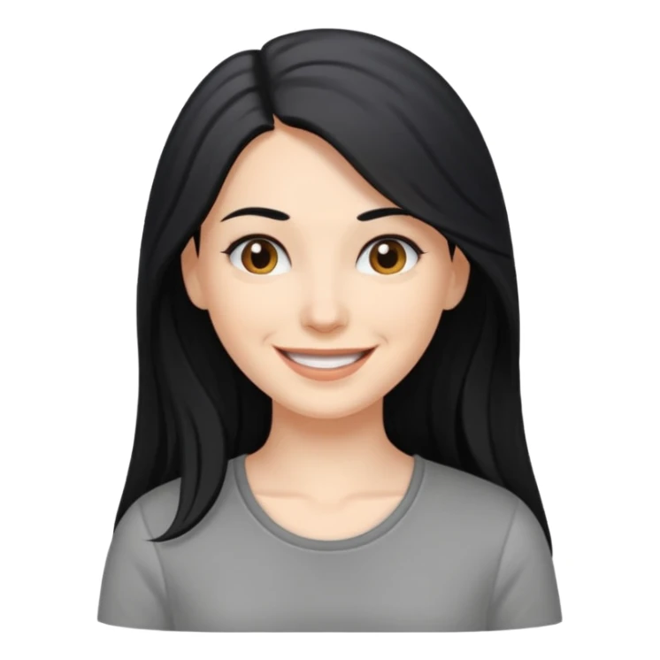 white woman with long black hair, smiling  gray shirt sticker