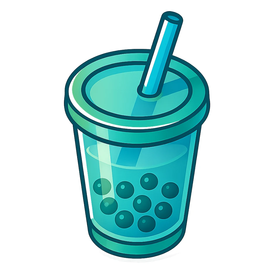 bubble tea cup with a straw, blue and green colors, three-quarter angle, clear bold outline, strong shadows and highlights on the straw, cup, and tapioca pearls, vector style, matte glass look sticker