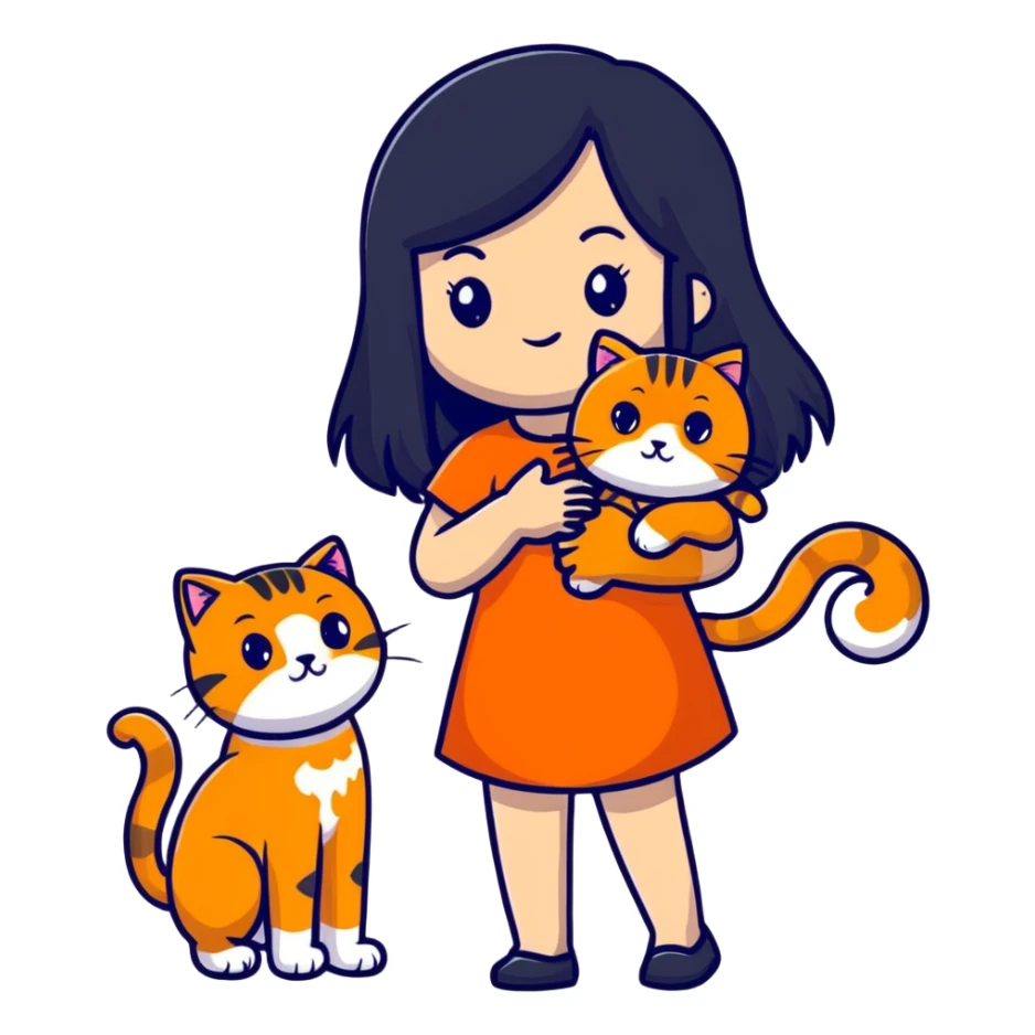 girl with long black hair holding an orange cat sticker