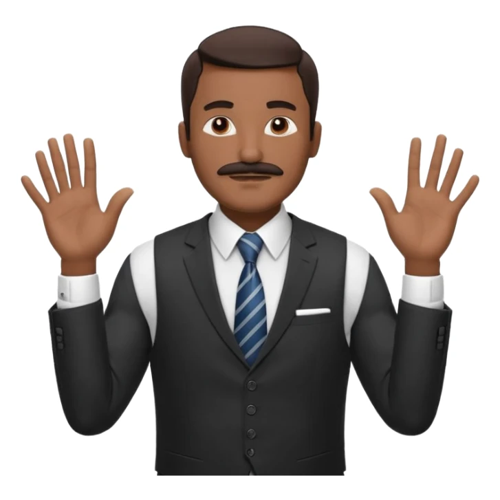

“A confident man with medium-dark skin tone wearing a suit, tie, and vest, holding both hands up with fingers spread, making a ‘calm down’ or ‘I’m just saying’ gesture. His eyes are closed, and he has a mustache, giving a vibe of laid-back confidence or mock innocence. sticker