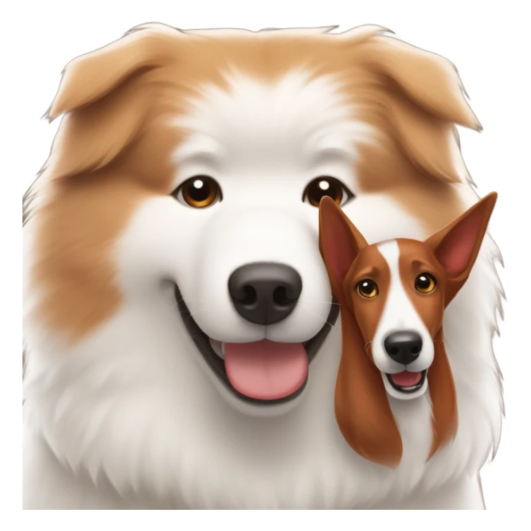 A Samoyed dog hugging a red brown colored hound dog sticker