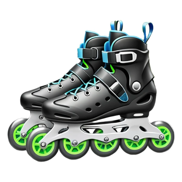 An icon showing a close-up of inline rollerblades resting on smooth asphalt in a park. The background features trees, grass, and a clear sky, with the vibrant green landscape creating a serene outdoor vibe. The skates' wheels are highlighted against the pavement. Transparent background  sticker
