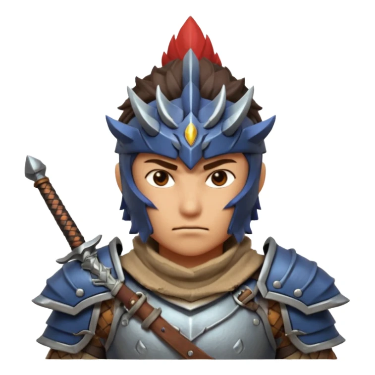 fantastic monster hunter warrior portrait, head and shoulders only, metal shoulder armor, sword strap visible, battle-worn look, intense expression, 3D cartoon, mobile game icon style, clean background, no text, no watermark
 sticker