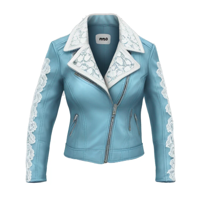 Realistic isolated open womens sky blue leather jacket with white lace. sticker