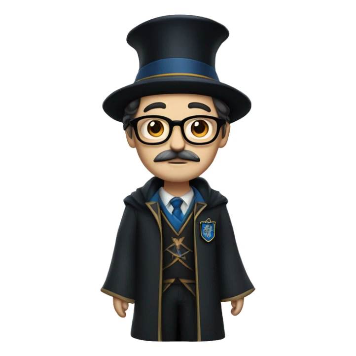 man with white skin, black longer hair, mustache, glasses, with a magic hat, ravenclaw sticker