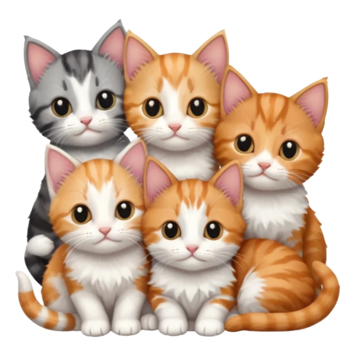6 tiny kittens cuddling together all different colours, the first one is grey and white, the second is ginger and white and the third is brown tabby and white sticker