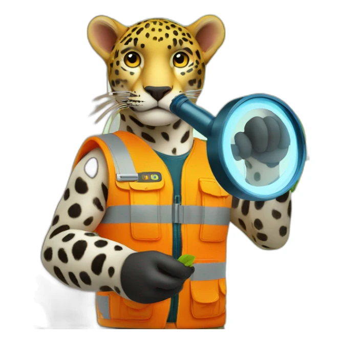 a jaguar in a high visibility orange vest, inspecting a tree with a magnifying glass sticker