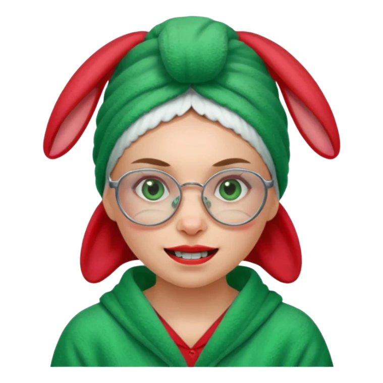 A woman who has a big rabbit-like front teeth wearing a green towel in her head with a broken glasses on her face in red pajamas sticker