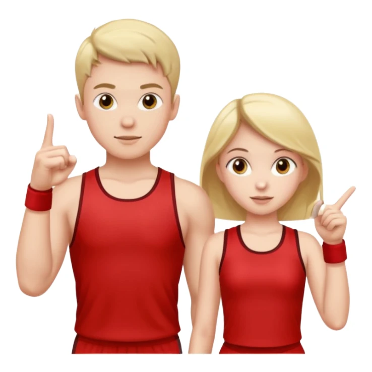 Girl and boy in red gym clothes who points out sticker