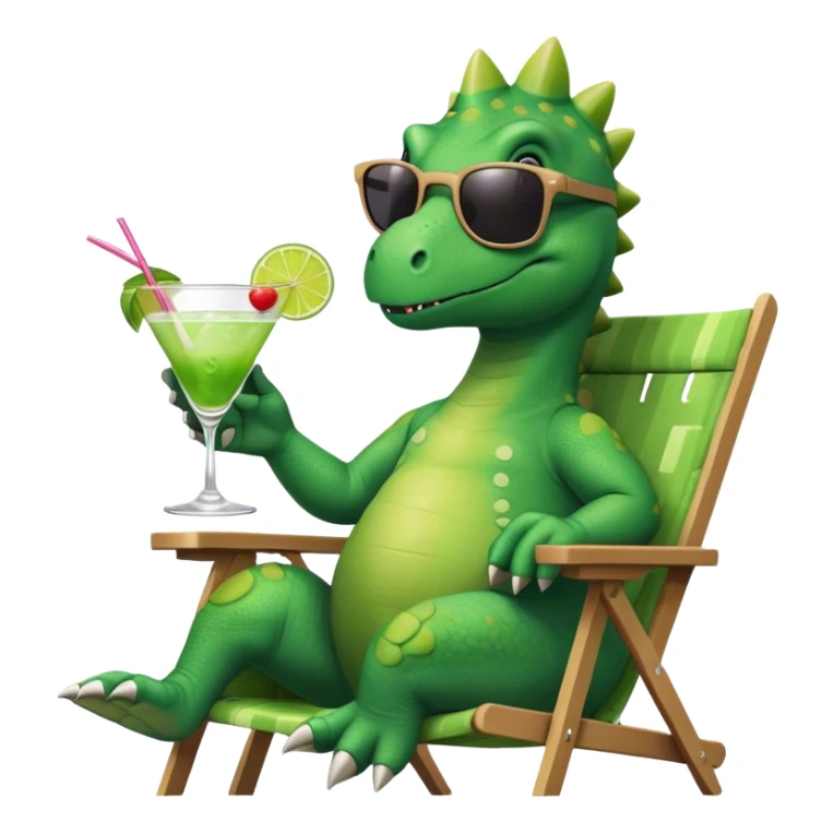 cute green dinosaur with sunglasses that he's raising, with an inquisitive eyebrow raise, facing forward, in a lawn chair, holding a cocktail sticker