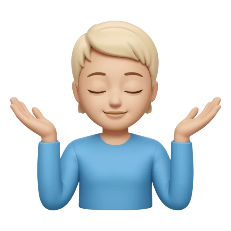 Apple Memoji style 3D character, male/female, eyes closed with a peaceful serene smile, hands making a 'zen' or 'relax' gesture, soft studio lighting, high resolution, 4k, octane render, clean 3D clay texture, vibrant colors, isolated on a plain white background." sticker