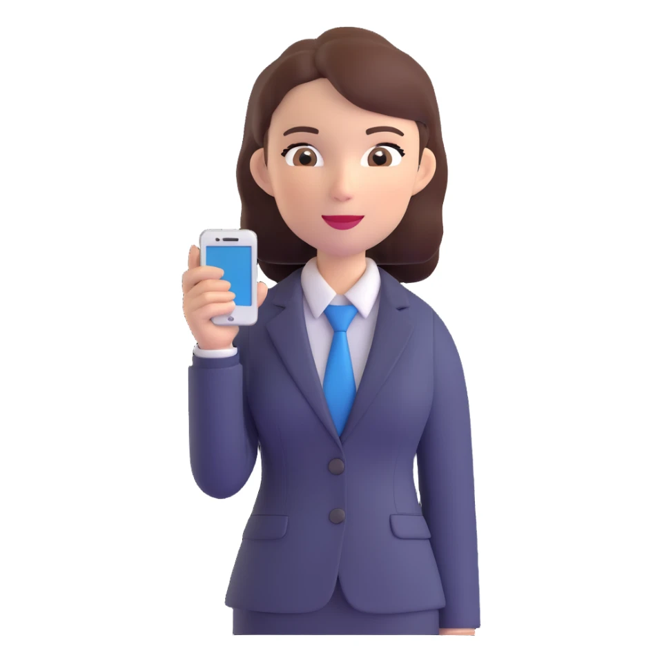 3D style, female office worker using a mobile phone, smart outfit, contemporary setting sticker