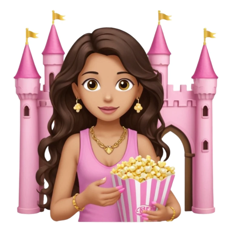 a woman with long dark brown  beachy wavy hair with light brown big eyes wearing pink vest top gold necklace baby pink nails and gold stud earrings with a pink castle fantasy in the background while eating popcorn  sticker