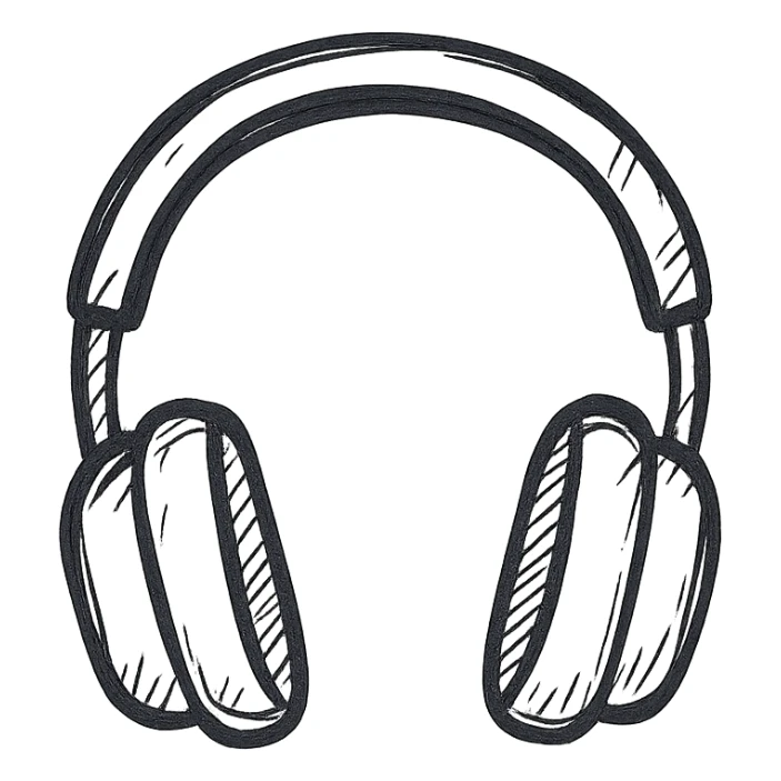 Studio headphones, black outlined, white fill, hand drawn style sticker