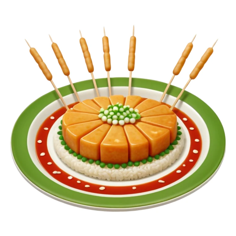 tteokbokki with finger-thick and two-joint-long rice cakes, similar length triangular fish cakes, wooden toothpick skewer, green round plate with small white dots, finely chopped green onion topping in the center on top of tteokbokki sticker