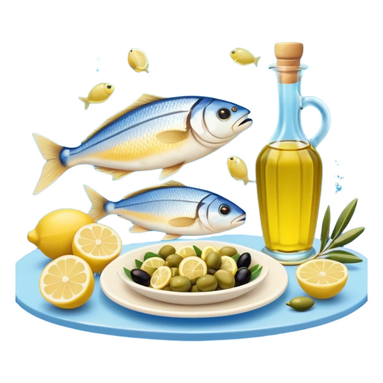 Mediterranean cuisine humanless avatar in clean emoji-style illustration. Olive oil, fish, lemon, blue and sunny colors, light and fresh mood, flat design, high contrast. sticker