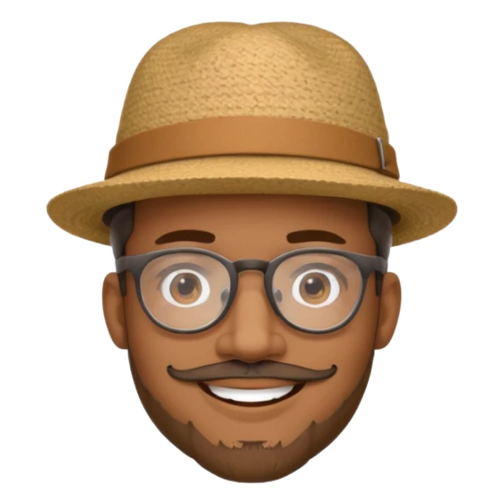 Brown man smiling with hat, clear glasses and goatee sticker
