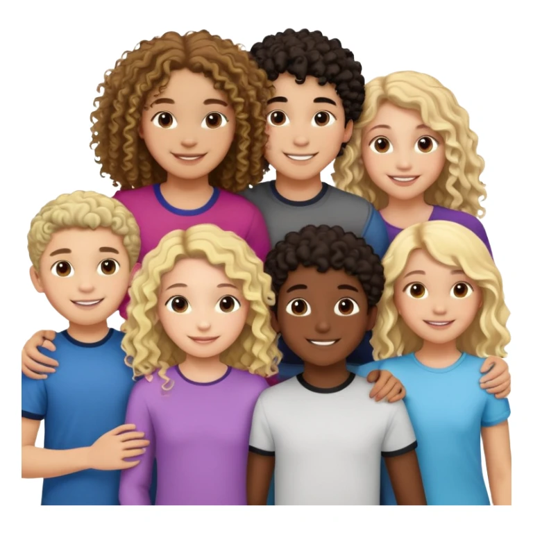 Group of diverse friends standing together, including a dark-skinned boy, a light-skinned blonde boy, a light-skinned girl with dark hair, a mixed-race girl with brown hair, a light-skinned person with curly hair, a mixed-race person with dark curly hair, and in the center a mixed-race person with wavy hair sticker