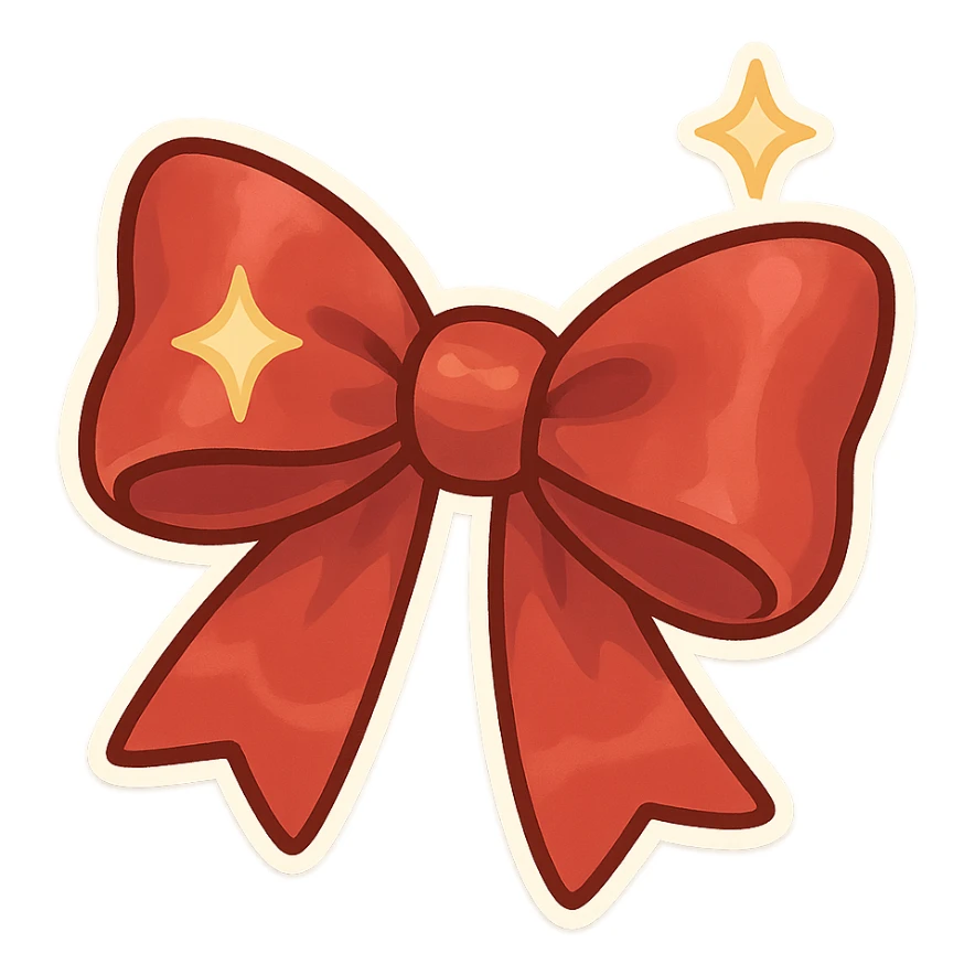 chibi style bow, red satin, shiny, simple and elegant, tied neatly, star motif sticker