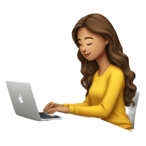 software engineer female with apple laptop in front of her, facing the right side while looking at her laptop. very long wavy brown hair, brown eyes, tan skin, yellow sweatshirt, no glasses sticker