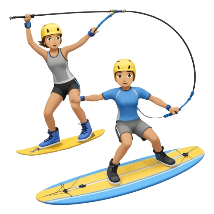 A person wakeboarding with one leg forward, the other bent for balance, leaning slightly back while holding a tow rope. Wearing a blue top, black shorts, gray boots, on a yellow board with small water splashes below. sticker