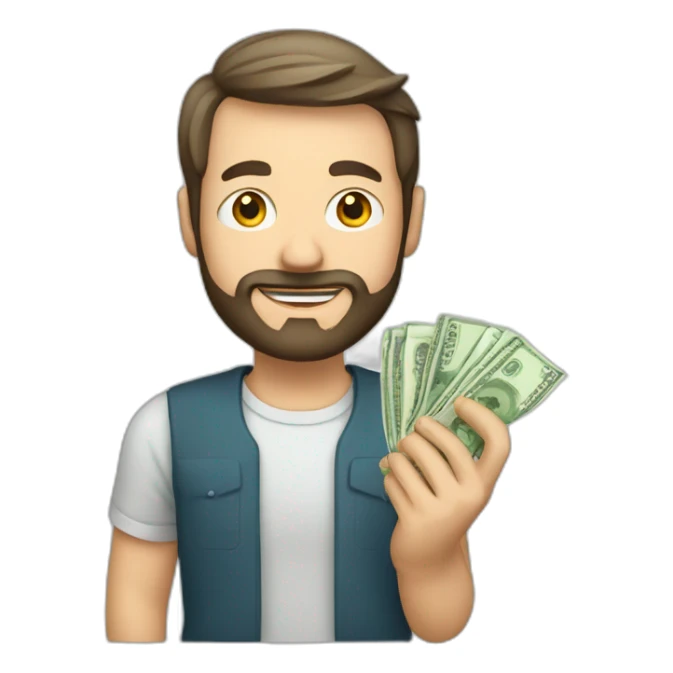 caucasian male with small beard and holding money sticker