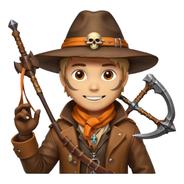 male human monster hunter emoji, wearing brown leather coat and wide hat, holding crossbow or rifle, with amulet shaped like skull, Halloween fantasy theme, confident smile, orange scarf, Apple emoji style, clean white background, square image sticker