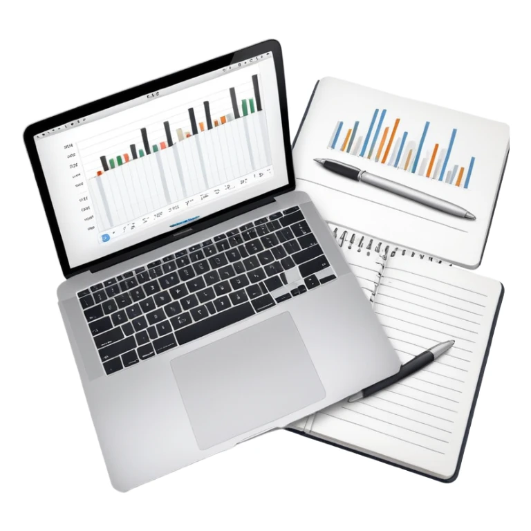 top view of a MacBook, open notebook with visible handwritten bar charts, and pen beside them sticker