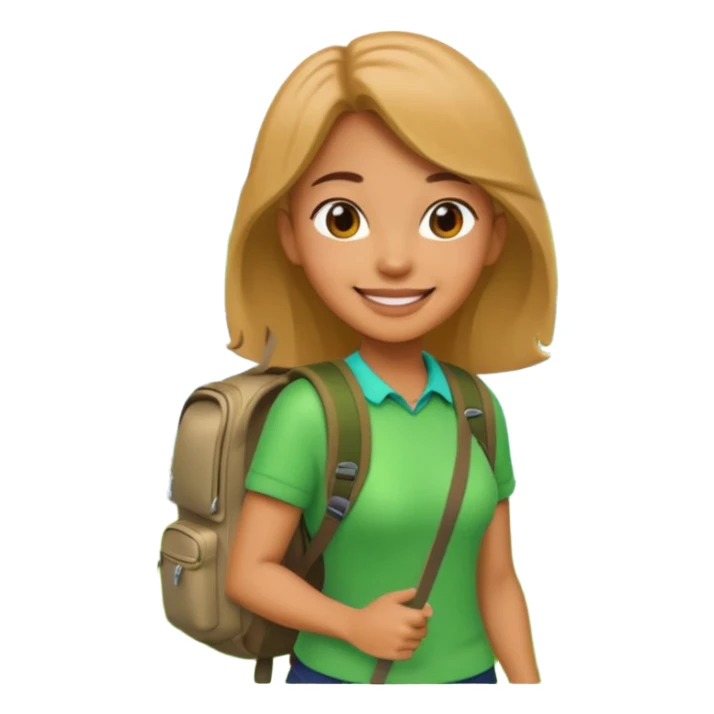 A 3D cartoon woman with a backpack smiling outdoors, surrounded by greenery, Memoji-style realism. sticker