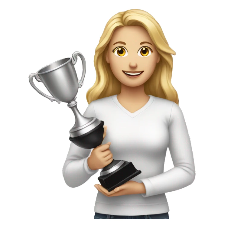 a white women holding trophy sticker