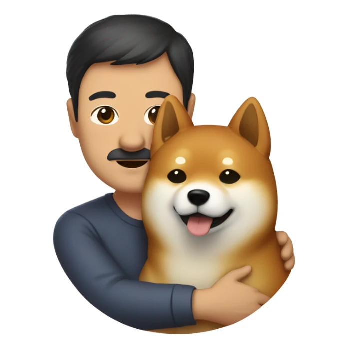 Shiba Inu cuddles middle age man with dark hair  sticker