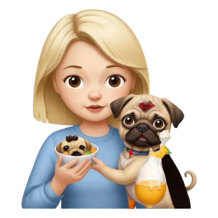 haz una chica rubia dandole comida a su perro pug sticker