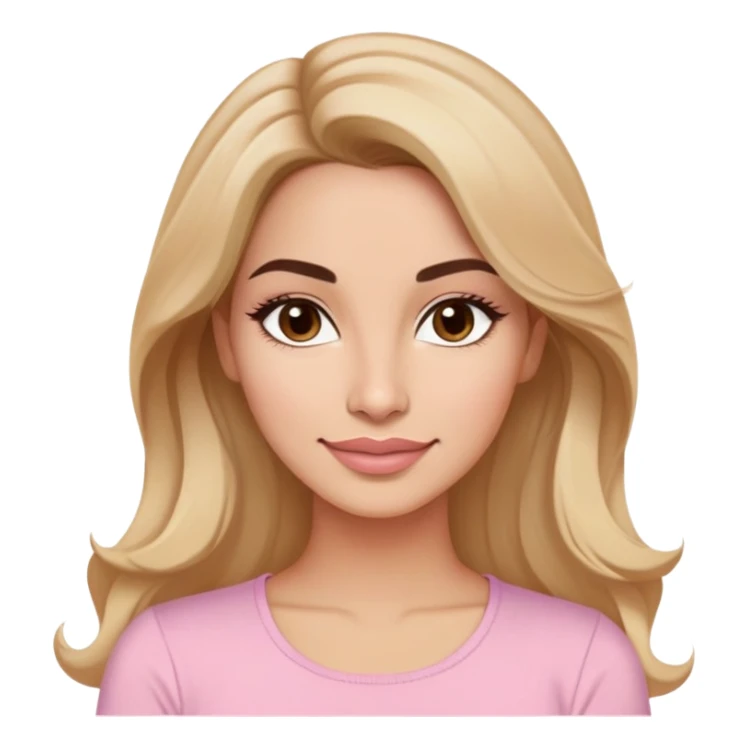 Puerto Rican actress in her early 30s with oval face, soft features, defined but not prominent cheekbones, sweet expression, large almond light brown eyes, well-defined medium eyebrows, straight nose, medium lips with fresh smile, long slightly wavy dark blonde hair, wearing a light pastel pink top sticker