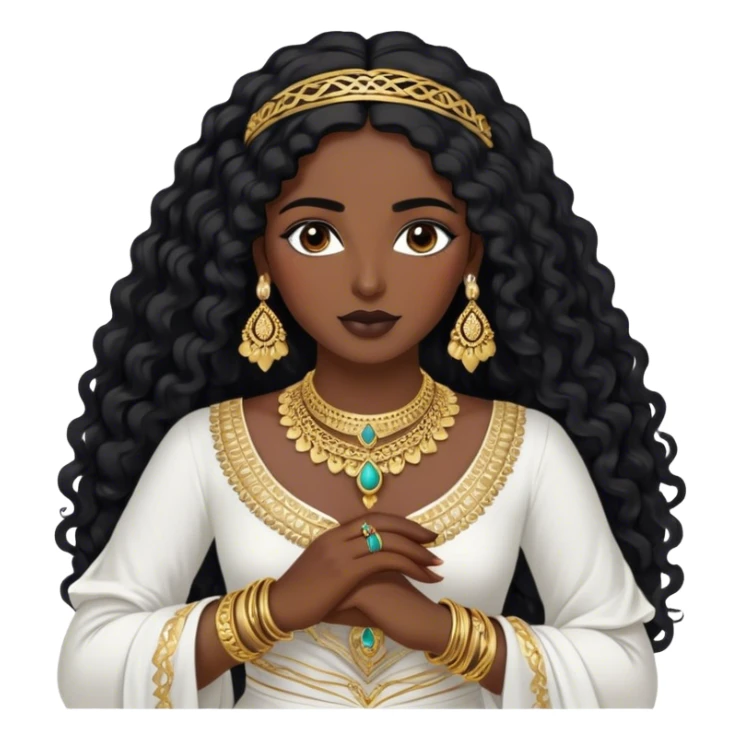 The Palestinian woman, she had long curly black hair and well defined eyebrows wears a white traditional dress. Her accessories steal the spotlight—intricately designed gold bangles, statement rings, and layered necklaces— she doesn’t have a head or hair accessories sticker