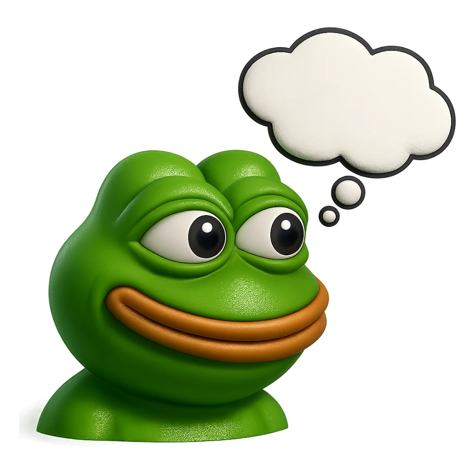make a pepe in bright green smiling with thought bubble looking at left side in 3d style, good highlights and shadows, drop shadows sticker
