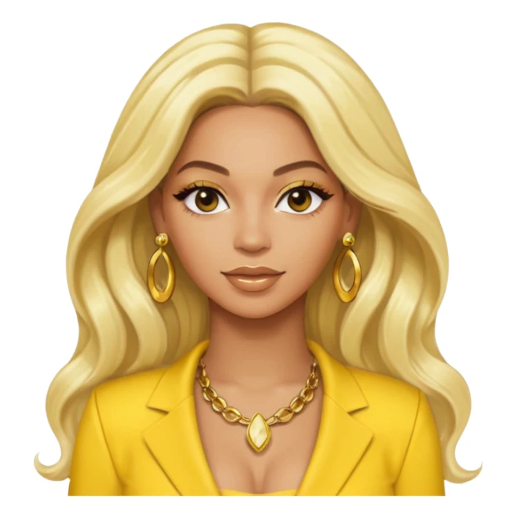 Beyonce with long platinum blonde hair, yellow outfit and earring sticker