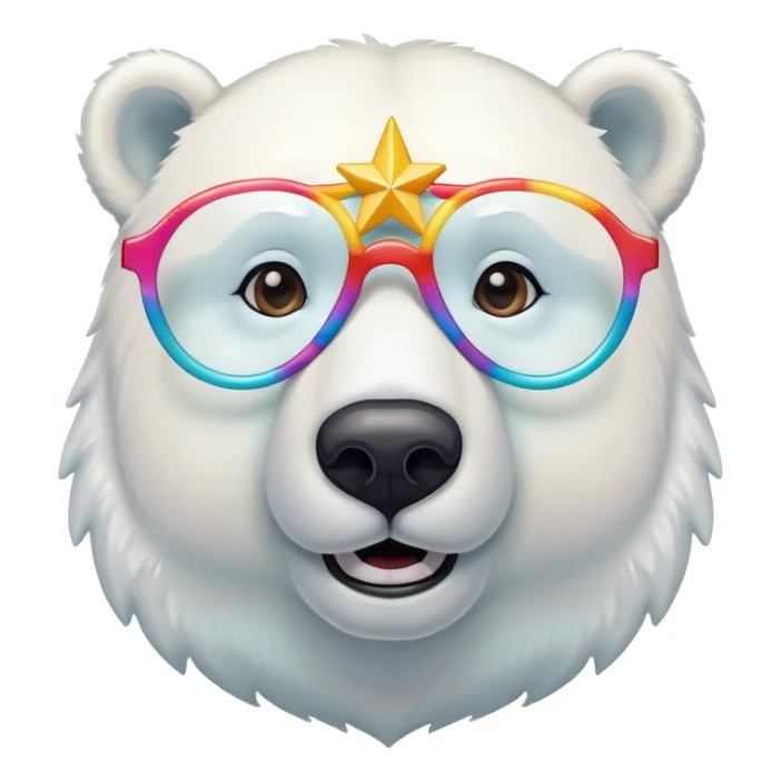close up headshot of a friendly anthropomorphised polar bear wearing oversized colorful star glasses sticker