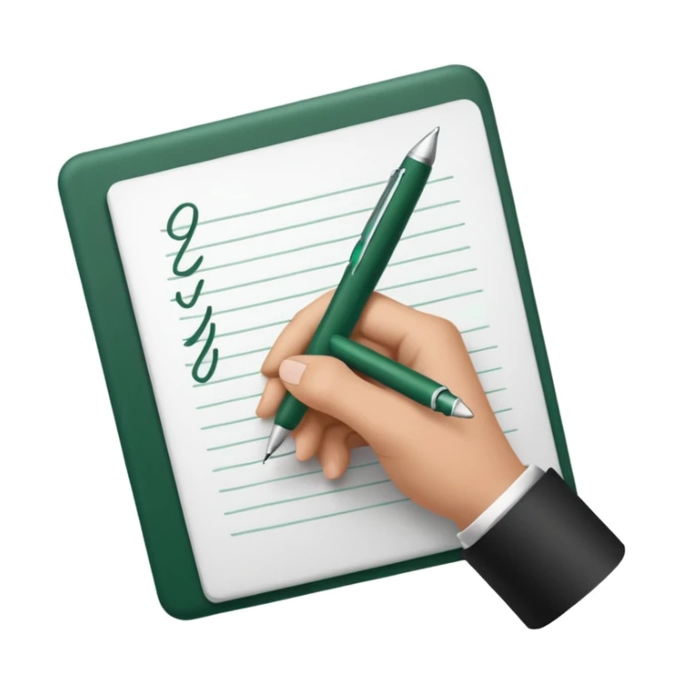 white paper, hand holding dark green and white pen and writing sticker