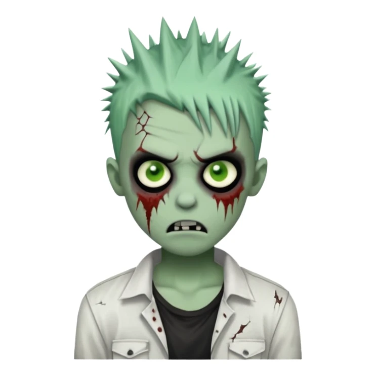 zombie boy with spiky black emo hair, pale green skin, white shirt sticker