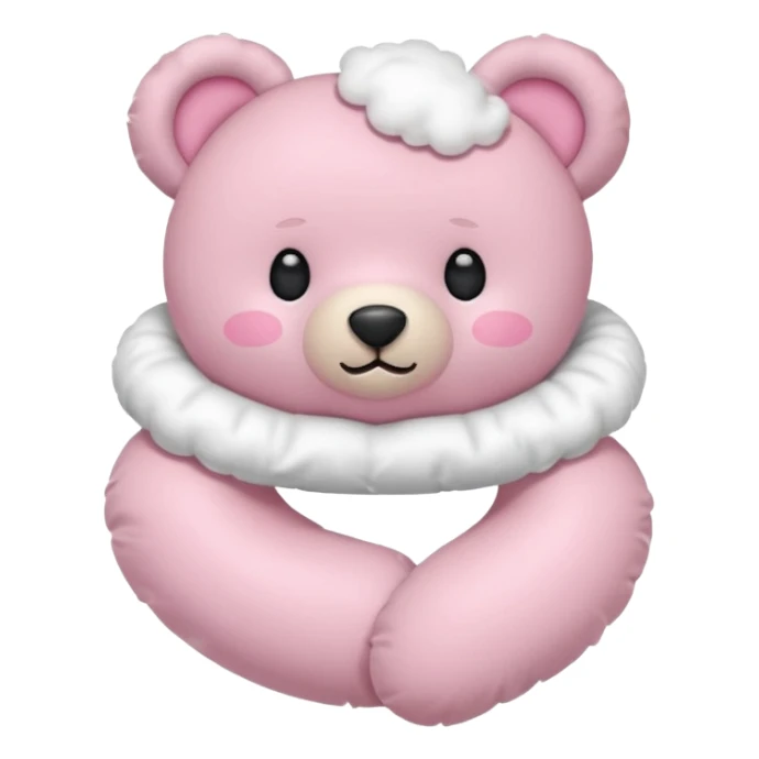 pink teddy bear, upright and dynamic, floral neck pillow, right hand with frilly white satin cloud pillow, flat and minimal, iPhone emoji style sticker