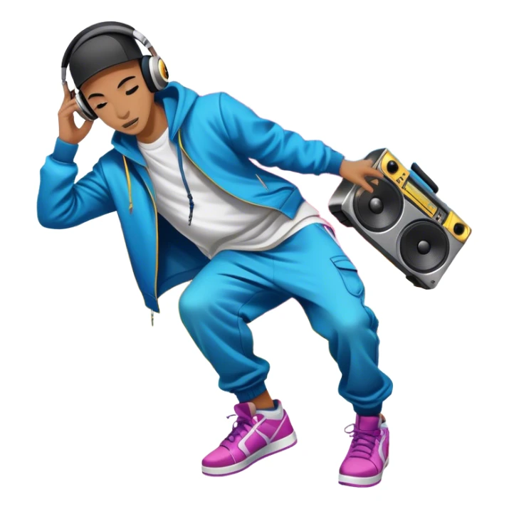Icon for Street Dance: a dancer in urban streetwear performing a dynamic lower breakdance move, with a spray-painted background, headphones, and a boombox on the asphalt. The icon should capture the energy, style, and creativity of street dance culture. Transparent background. sticker