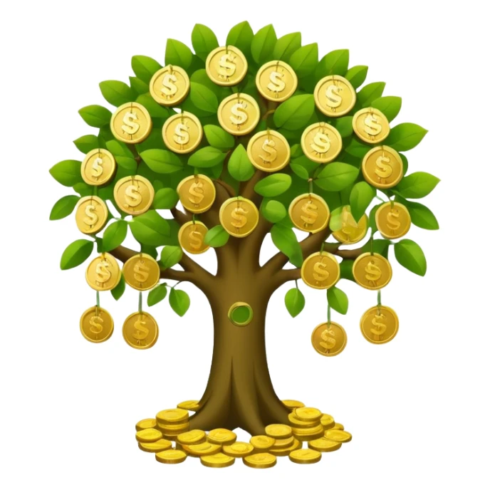 Apple-style money tree (10 coints), round soft green canopy.
No pot, no ground — only the tree.
Small gold coins as fruits inside the leaves (not below).
Flat 2D vector, clean shapes, no gradients.
Dark near-black background, premium fintech icon. sticker