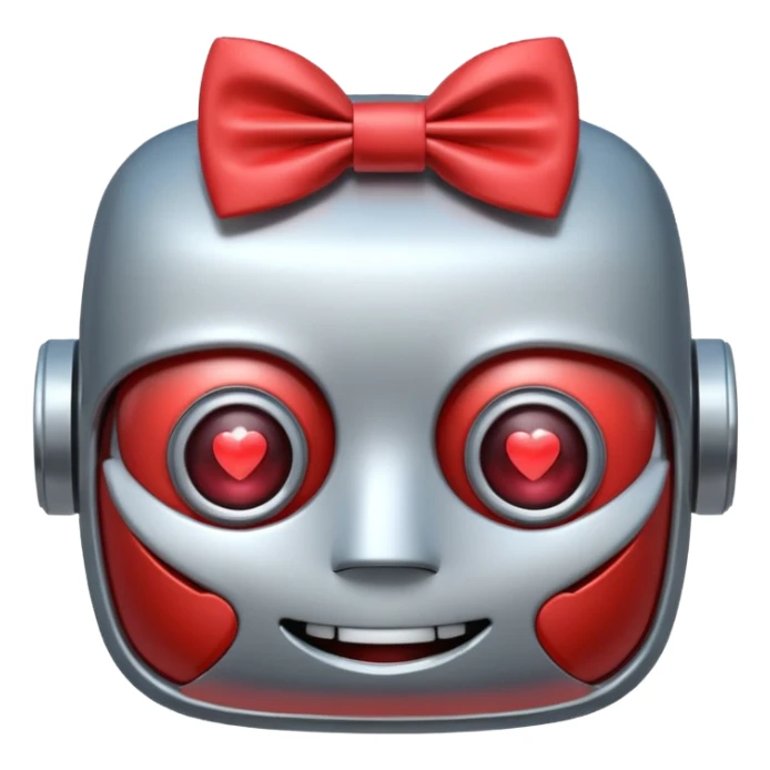 a happy robot face with heart eyes, wearing a bow tie sticker