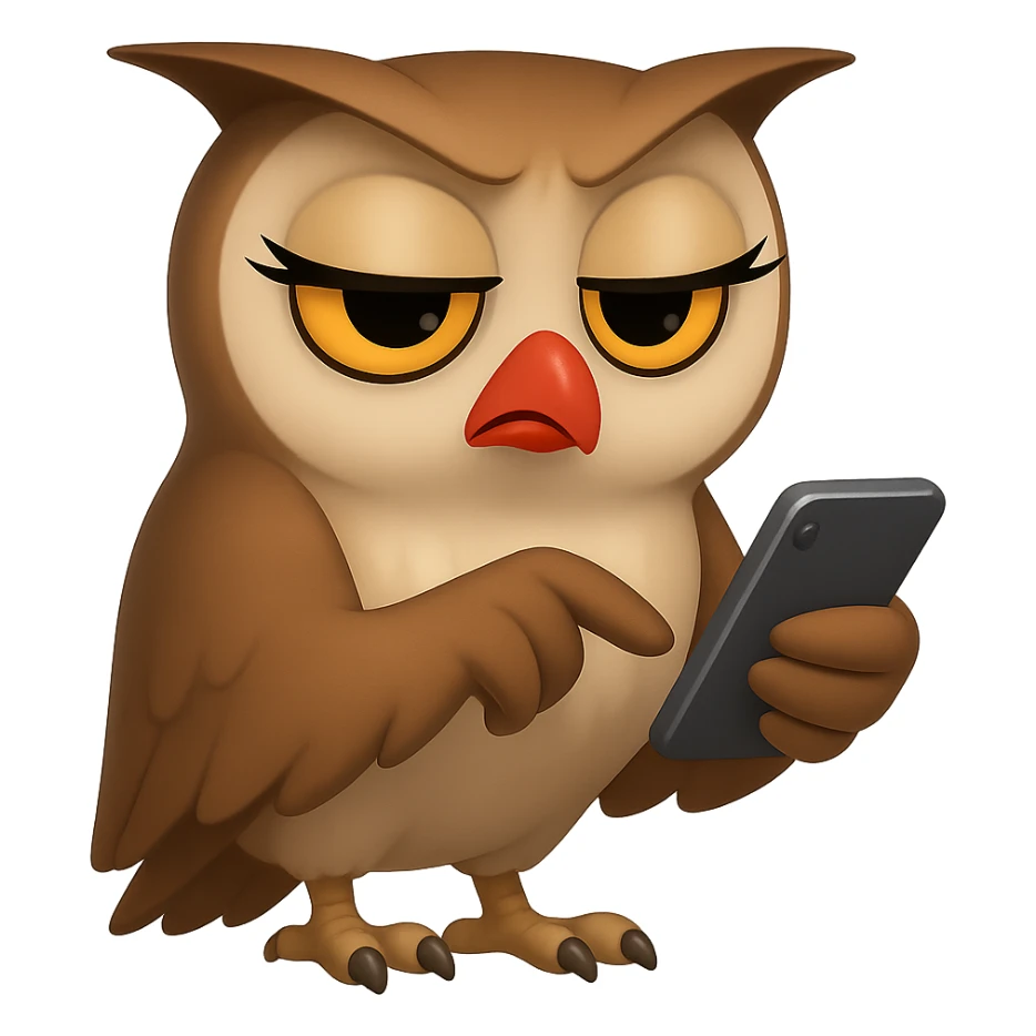 В стилистике эмоджи сгенерируй сову с накрашенным клювом и ресницами, одним крылом она держит смартфон, а другим что-то листаем в нем, вид скучающий и недовольный, прозрачный фон sticker
