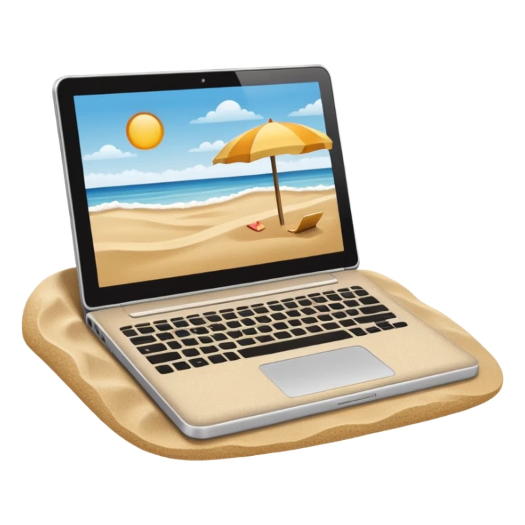  An open laptop in the foreground on the beach. sticker