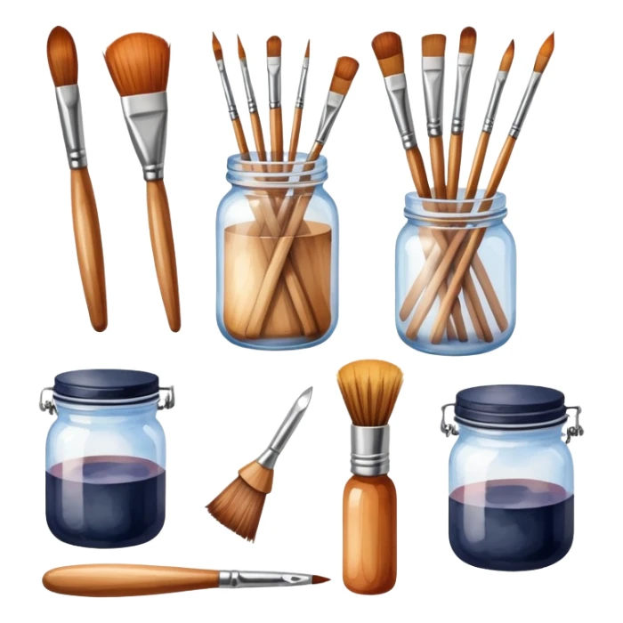 Water color set of brushes with a jar sticker